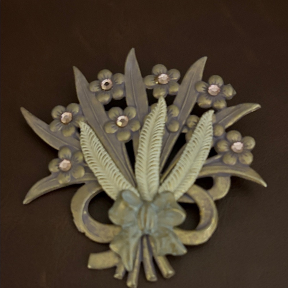 Floral Art Vintage Brooch with lavender Rhinestone Accents